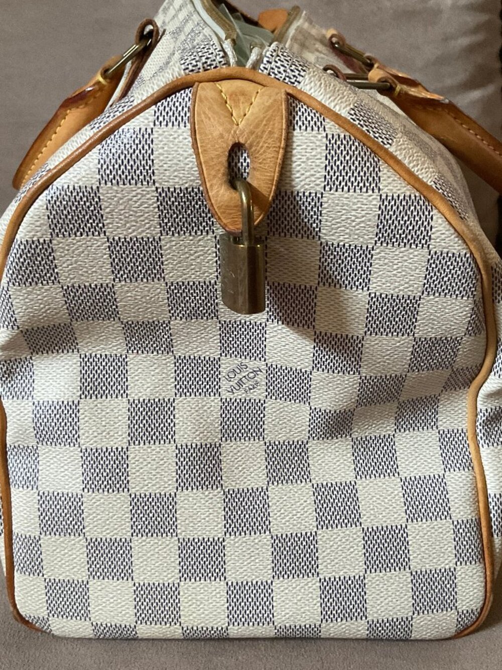 Louis Vuitton Speedy 30 Damier Azur White/Light Blue Checkered Satchel Handbag - Picture 7 of 16